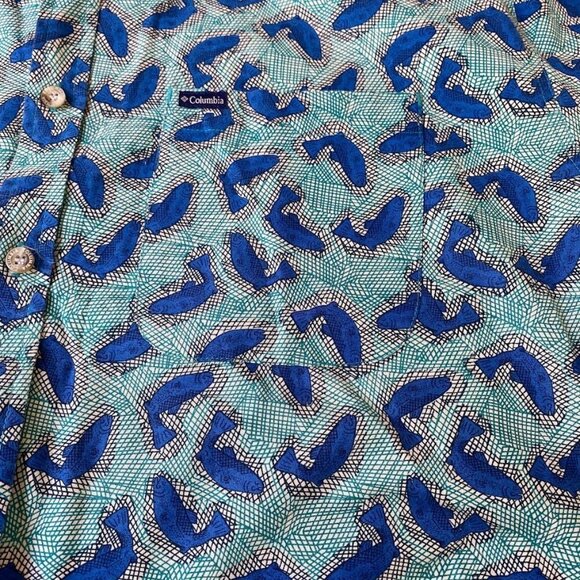 Vintage Columbia Fishing Button Down Shirt Print Fish Turquoise Blue, Large - Picture 3 of 5